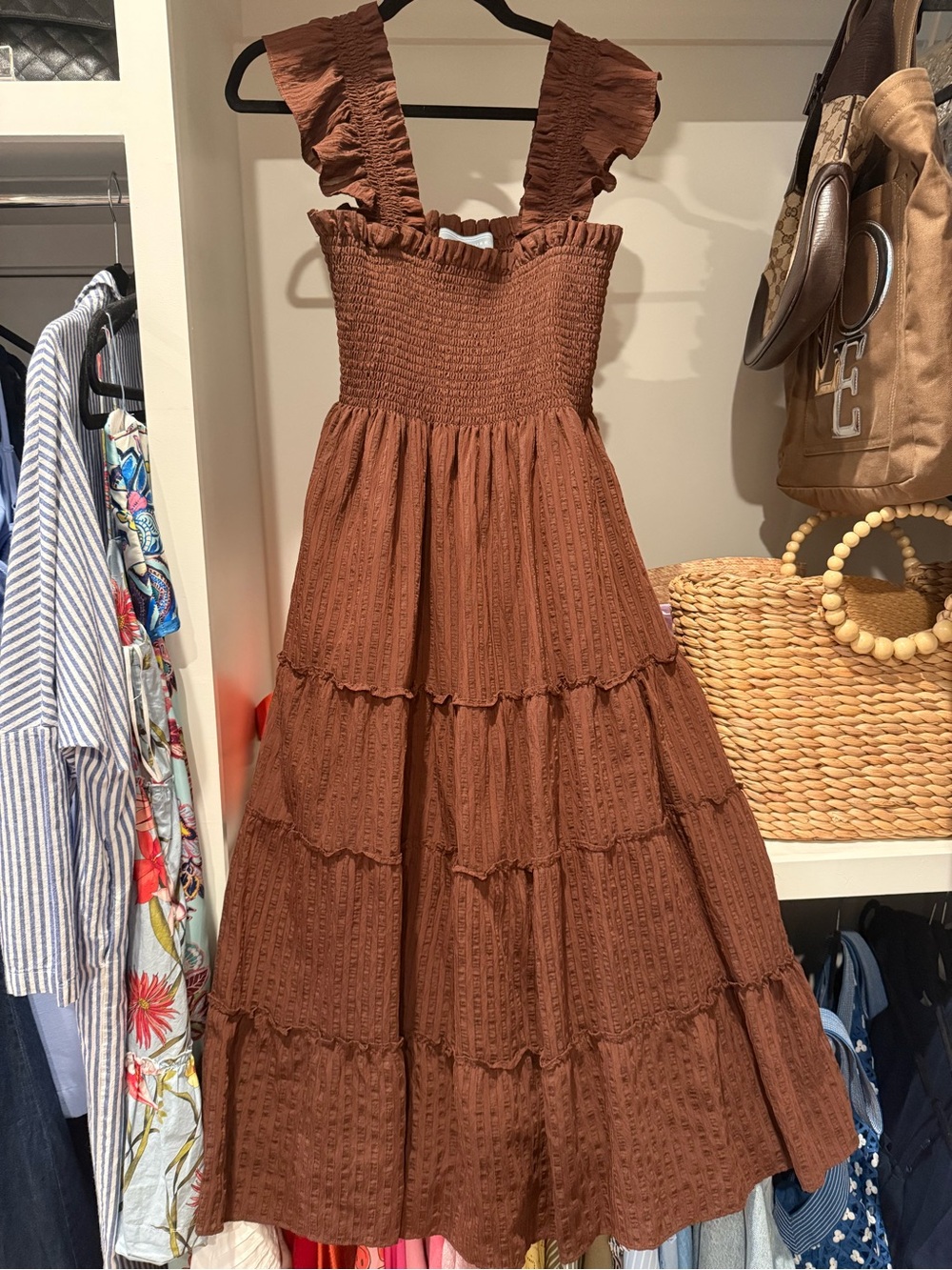 Ellie Nap Dress in Brown Chocoate Tonal Seersucker Size S - Picture 2 of 3